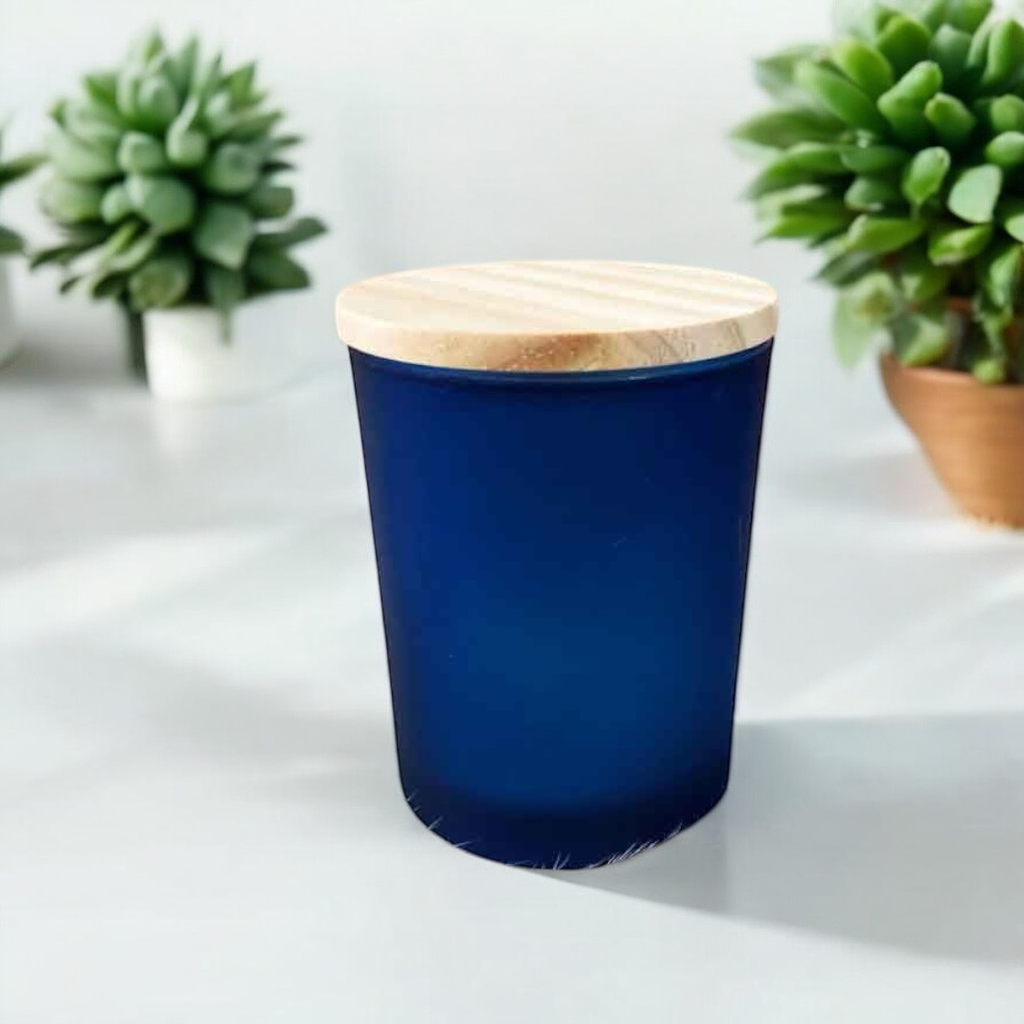Geurkaars met houten deksel - Frosted marineblauw – €3,15/st – set van 12