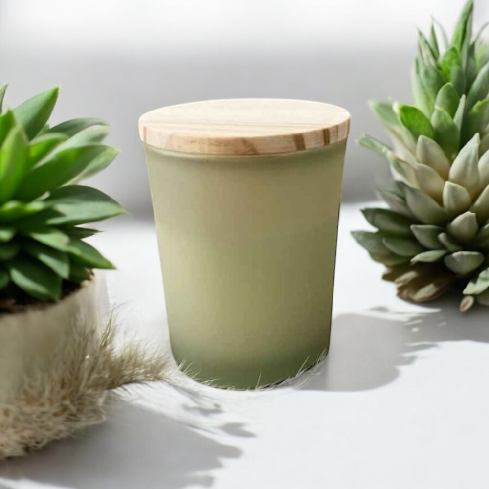 Geurkaars met houten deksel - Frosted zijdegroen – €3,15/st – set van 12
