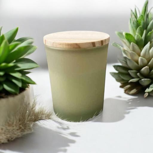 Geurkaars met houten deksel - Frosted zijdegroen – €3,15/st – set van 12